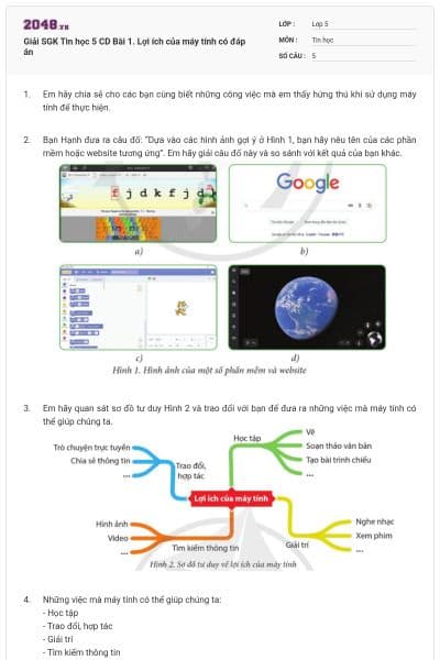 Giải SGK Tin học 5 CD Bài 1. Lợi ích của máy tính có đáp án