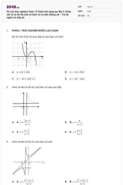 20 câu trắc nghiệm Toán 12 Chân trời sáng tạo Bài 4: Khảo sát và vẽ đồ thị một số hàm số cơ bản (Đúng sai - Trả lời ngắn) có đáp án