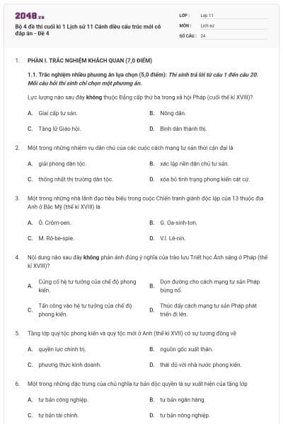 Bộ 4 đề thi cuối kì 1 Lịch sử 11 Cánh diều cấu trúc mới có đáp án - Đề 4