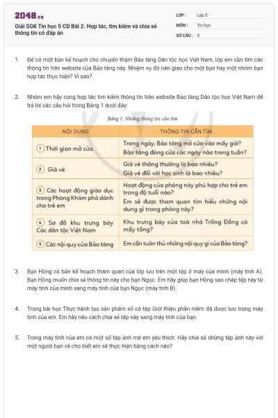 Giải SGK Tin học 5 CD Bài 2. Hợp tác, tìm kiếm và chia sẻ thông tin có đáp án