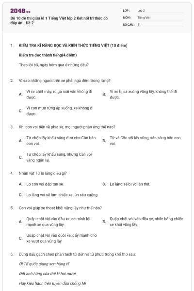 Bộ 10 đề thi giữa kì 1 Tiếng Việt lớp 2 Kết nối tri thức có đáp án - Đề 2