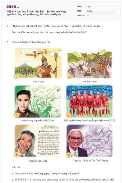 Giải SGK Đạo đức 5 Cánh diều Bài 1: Em biết ơn những người có công với quê hương, đất nước có đáp án