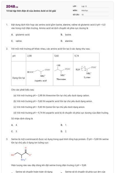 10 bài tập tính điện di của Amino Acid có lời giải