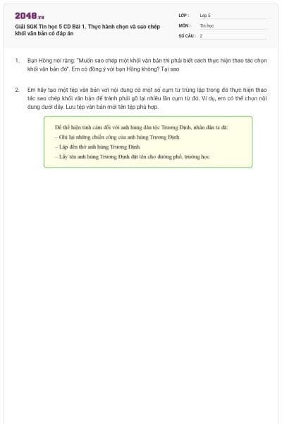 Giải SGK Tin học 5 CD Bài 1. Thực hành chọn và sao chép khối văn bản có đáp án