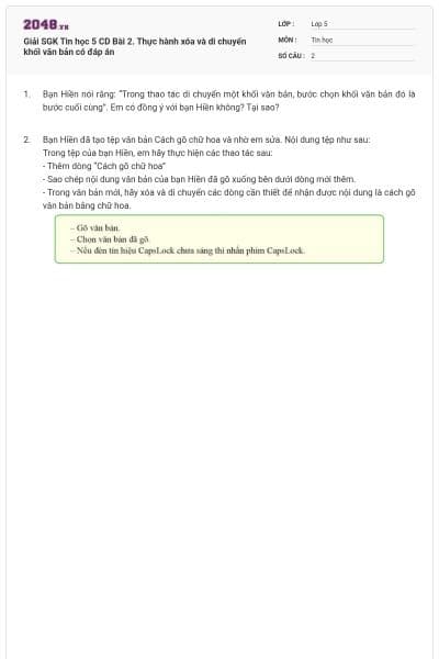 Giải SGK Tin học 5 CD Bài 2. Thực hành xóa và di chuyển khối văn bản có đáp án