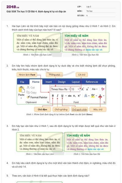 Giải SGK Tin học 5 CD Bài 4. Định dạng kí tự có đáp án