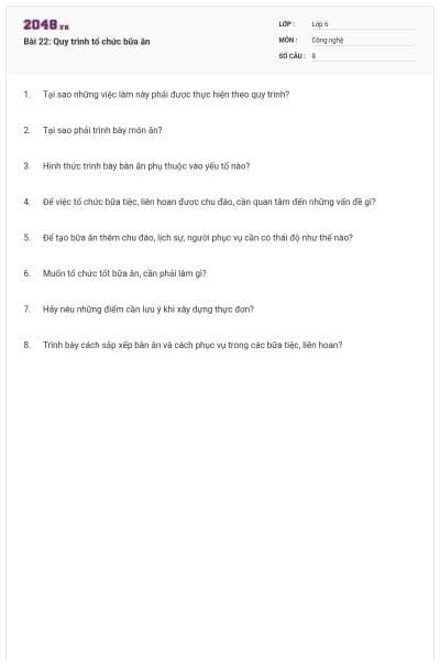 Bài 22: Quy trình tổ chức bữa ăn