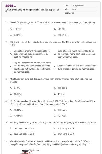 (2025) Đề thi tổng ôn tốt nghiệp THPT Vật lí có đáp án - Đề 7