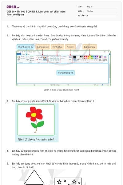 Giải SGK Tin học 5 CD Bài 1. Làm quen với phần mềm Paint có đáp án
