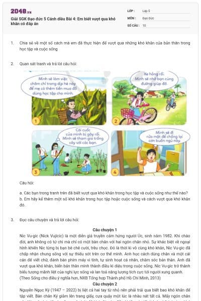 Giải SGK Đạo đức 5 Cánh diều Bài 4: Em biết vượt qua khó khăn có đáp án