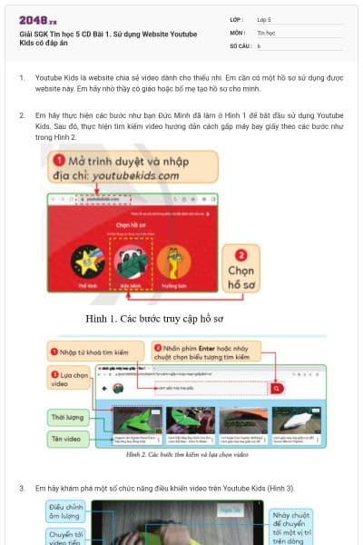 Giải SGK Tin học 5 CD Bài 1. Sử dụng Website Youtube Kids có đáp án