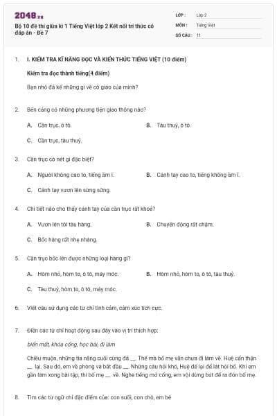 Bộ 10 đề thi giữa kì 1 Tiếng Việt lớp 2 Kết nối tri thức có đáp án - Đề 7