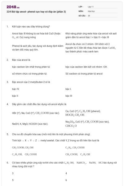 224 Bài tập ancol- phenol cực hay có đáp án (phần 3)