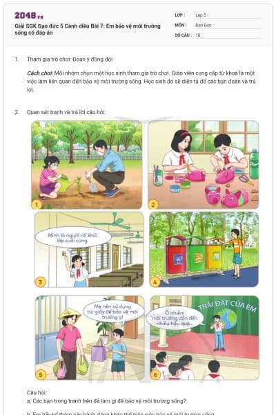 Giải SGK Đạo đức 5 Cánh diều Bài 7: Em bảo vệ môi trường sống có đáp án
