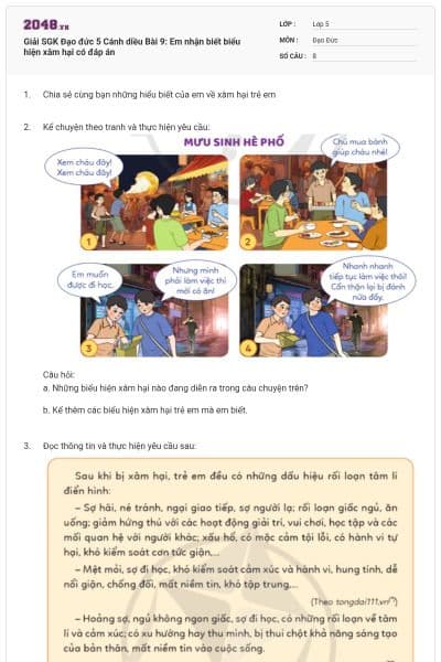 Giải SGK Đạo đức 5 Cánh diều Bài 9: Em nhận biết biểu hiện xâm hại có đáp án