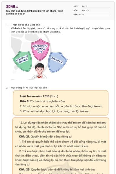 Giải SGK Đạo đức 5 Cánh diều Bài 10: Em phòng, tránh xâm hại có đáp án