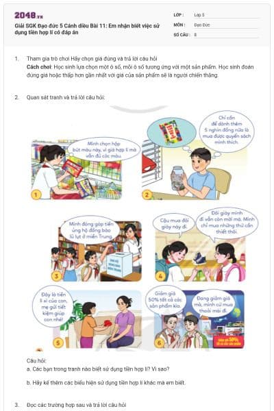 Giải SGK Đạo đức 5 Cánh diều Bài 11: Em nhận biết việc sử dụng tiền hợp lí có đáp án