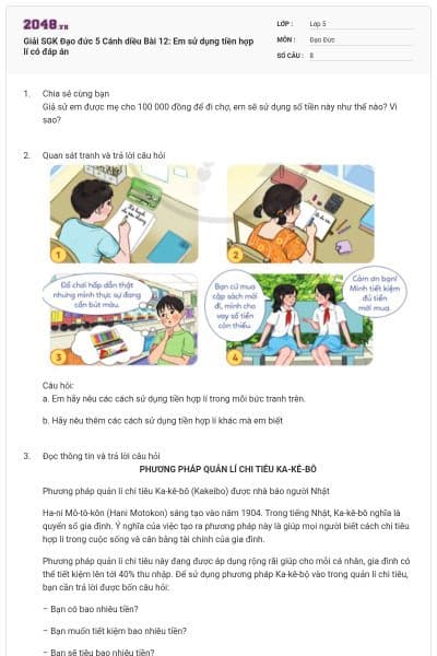 Giải SGK Đạo đức 5 Cánh diều Bài 12: Em sử dụng tiền hợp lí có đáp án