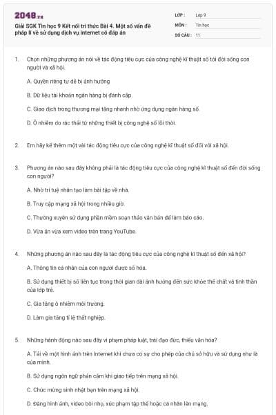 Giải SGK Tin học 9 Kết nối tri thức Bài 4. Một số vấn đề pháp lí về sử dụng dịch vụ internet có đáp án