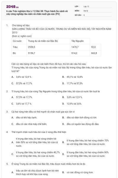 6 câu Trắc nghiệm Địa Lí 12 Bài 38: Thực hành:So sánh về cây công nghiệp lâu năm và chăn nuôi gia súc (P2)