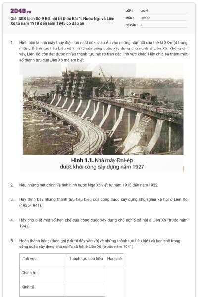 Giải SGK Lịch Sử 9 Kết nối tri thức Bài 1: Nước Nga và Liên Xô từ năm 1918 đến năm 1945 có đáp án