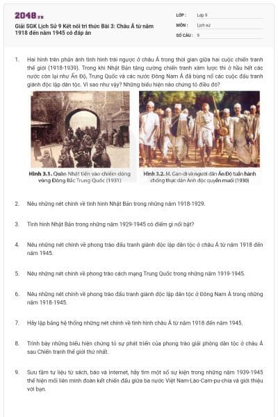 Giải SGK Lịch Sử 9 Kết nối tri thức Bài 3: Châu Á từ năm 1918 đến năm 1945 có đáp án