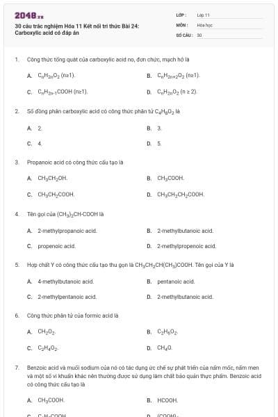 30 câu trắc nghiệm Hóa 11 Kết nối tri thức Bài 24: Carboxylic acid có đáp án