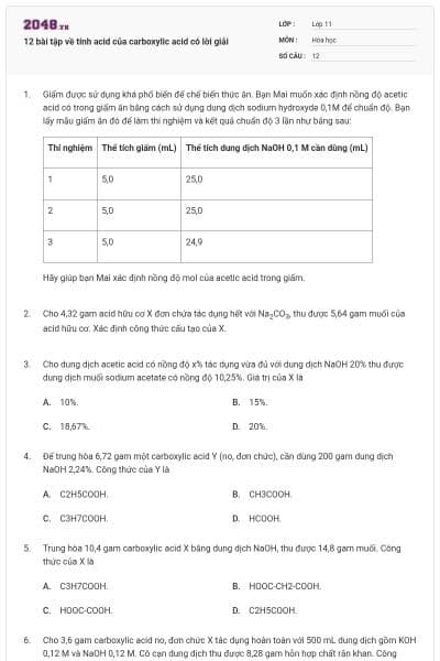 12 bài tập về tính acid của carboxylic acid có lời giải