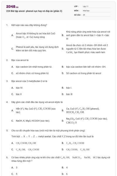 224 Bài tập ancol- phenol cực hay có đáp án (phần 3)