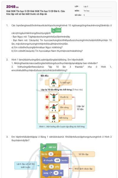 Giải SGK Tin học 5 CD Giải SGK Tin học 5 CD Bài 6. Cấu trúc lặp với số lần biết trước có đáp án