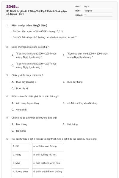 Bộ 10 đề thi giữa kì 2 Tiếng Việt lớp 2 Chân trời sáng tạo có đáp án - Đề 1