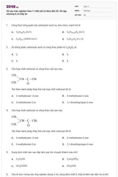 30 câu trắc nghiệm Hóa 11 Kết nối tri thức Bài 25: Ôn tập chương 6 có đáp án
