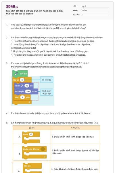 Giải SGK Tin học 5 CD Giải SGK Tin học 5 CD Bài 8. Cấu trúc lặp liên tục có đáp án