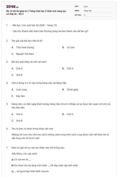 Bộ 10 đề thi giữa kì 2 Tiếng Việt lớp 2 Chân trời sáng tạo có đáp án - Đề 2