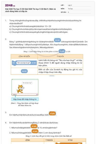 Giải SGK Tin học 5 CD Giải SGK Tin học 5 CD Bài 9. Biến và cách dùng biến có đáp án