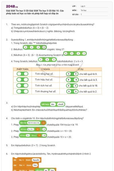 Giải SGK Tin học 5 CD Giải SGK Tin học 5 CD Bài 10. Các phép toán số học cơ bản và phép kết hợp có đáp án