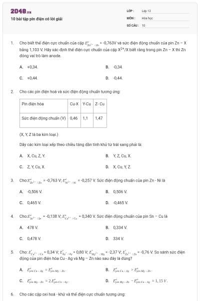 10 bài tập pin điện có lời giải