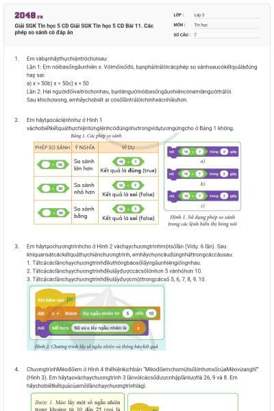 Giải SGK Tin học 5 CD Giải SGK Tin học 5 CD Bài 11. Các phép so sánh có đáp án