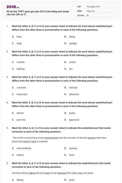Đề thi thử THPT quốc gia năm 2019 môn tiếng anh chuẩn cấu trúc (Đề số 7)