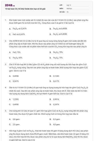 10 bài toán CO, H2 khử Oxide kim loại có lời giải