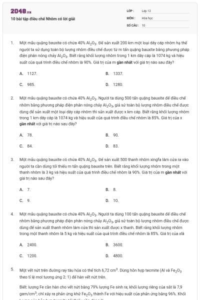 10 bài tập điều chế Nhôm có lời giải