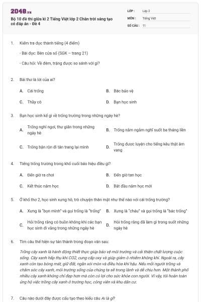 Bộ 10 đề thi giữa kì 2 Tiếng Việt lớp 2 Chân trời sáng tạo có đáp án - Đề 4