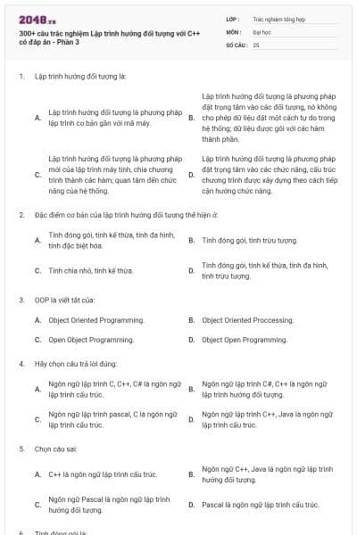 300+ câu trắc nghiệm Lập trình hướng đối tượng với C++ có đáp án - Phần 3