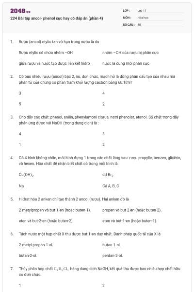224 Bài tập ancol- phenol cực hay có đáp án (phần 4)
