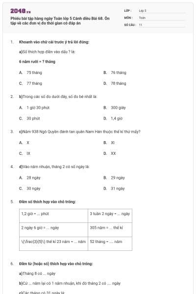 Phiếu bài tập hàng ngày Toán lớp 5 Cánh diều Bài 68. Ôn tập về các đơn vị đo thời gian có đáp án