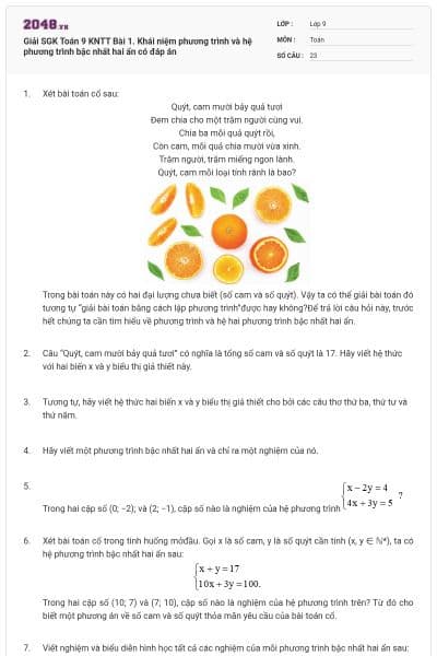 Giải SGK Toán 9 KNTT Bài 1. Khái niệm phương trình và hệ phương trình bậc nhất hai ẩn có đáp án