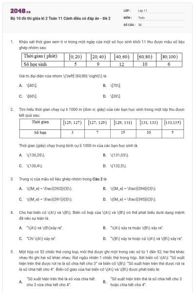 Bộ 10 đề thi giữa kì 2 Toán 11 Cánh diều có đáp án - Đề 2