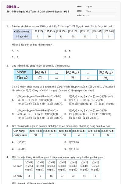 Bộ 10 đề thi giữa kì 2 Toán 11 Cánh diều có đáp án - Đề 8