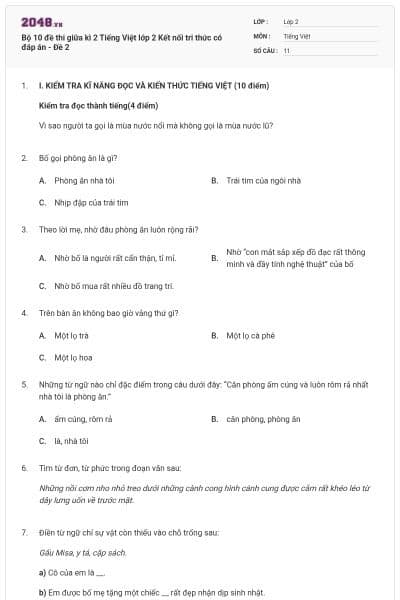 Bộ 10 đề thi giữa kì 2 Tiếng Việt lớp 2 Kết nối tri thức có đáp án - Đề 2
