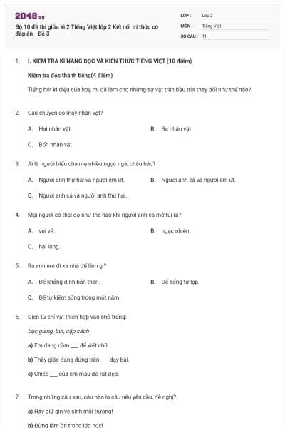 Bộ 10 đề thi giữa kì 2 Tiếng Việt lớp 2 Kết nối tri thức có đáp án - Đề 3
